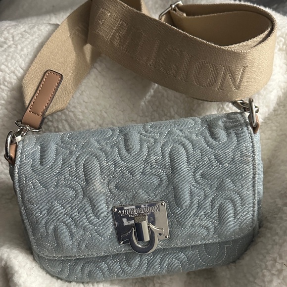 True Religion Handbags - True Religion Light Blue Quilted Crossbody with Beige Logo Strap